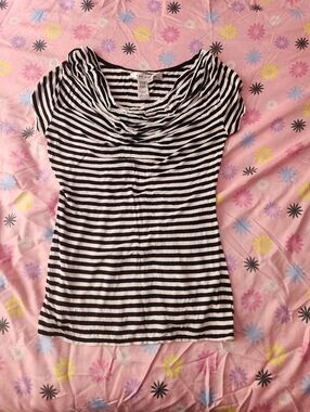Max Studio Black & White Striped Cowl Neck Tee